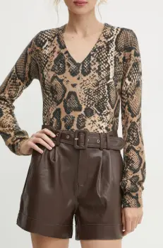 Morgan pantaloni scurti SHOANE femei, culoarea maro, neted, high waist, SHOANE imagine