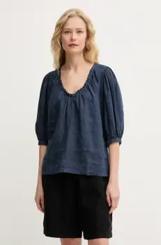 Mos Mosh bluza din in femei, culoarea albastru marin, neted, 160160 imagine