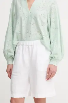 Mos Mosh pantaloni scurti din in femei, culoarea alb, uni, high waist, 168480 imagine