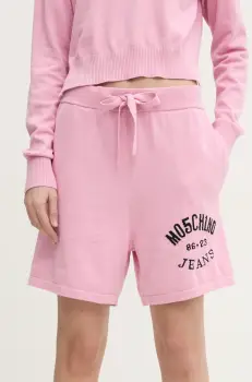 Moschino Jeans pantaloni scurti din bumbac culoarea roz, cu imprimeu, high waist, 0380 3201 imagine
