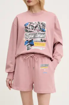 Moschino Jeans pantaloni scurti din bumbac femei, culoarea roz, cu imprimeu, medium waist, 0322 3228 imagine