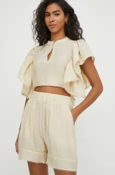 MUNTHE pantaloni scurti femei, culoarea bej, neted, high waist imagine