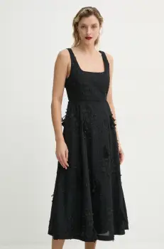 MUNTHE rochie din bumbac FRONIA culoarea negru, midi, evazati, 251134825125 imagine