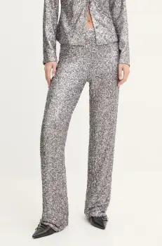 Never Fully Dressed pantaloni Gunmeal Sequin Freddie Trousers femei, culoarea argintiu, drept, high waist, NFDTR356 imagine