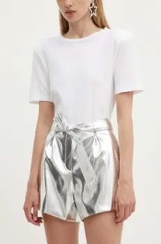 Never Fully Dressed pantaloni scurti Vegan Leather femei, culoarea argintiu, neted, high waist, NFDTR336 imagine