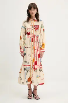 Never Fully Dressed rochie din amestec de in culoarea bej, midi, drept, NFDDR2060 imagine