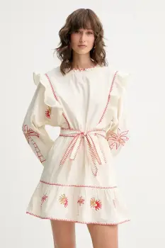 Never Fully Dressed rochie din bumbac culoarea bej, mini, evazati, NFDDR1964 imagine