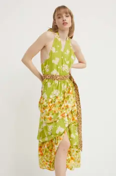 Never Fully Dressed rochie din bumbac culoarea verde, maxi, evazati imagine