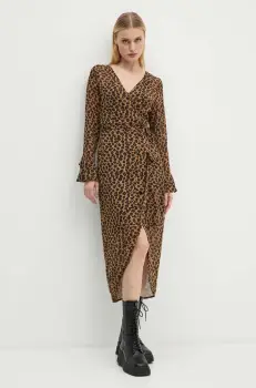 Never Fully Dressed rochie Leopard Sheer Wrap Dress culoarea maro, midi, evazati, NL28459 imagine