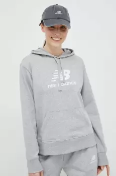 New Balance bluza femei, culoarea gri, cu gluga, cu imprimeu imagine