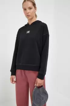 New Balance bluza femei, culoarea negru, cu gluga, cu imprimeu imagine