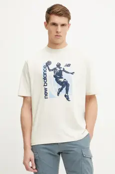 New Balance tricou din bumbac barbati, culoarea bej, cu imprimeu, MT51605LIN imagine