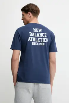 New Balance tricou din bumbac culoarea bleumarin, cu imprimeu, MT51526NNY imagine
