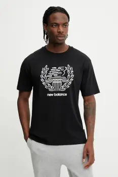 New Balance tricou din bumbac culoarea negru, cu imprimeu, MT51974BK imagine