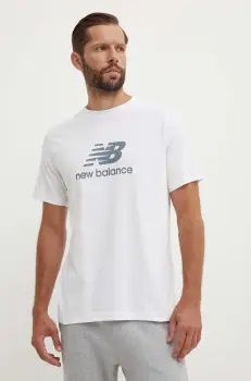 New Balance tricou din bumbac Essentials Cotton barbati, culoarea alb, cu imprimeu, MT41502WT imagine