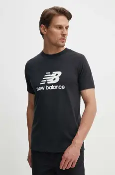 New Balance tricou din bumbac Sport Essentials barbati, culoarea negru, cu imprimeu, MT41502BK imagine