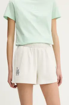 New Era pantaloni scurti culoarea bej, melanj, high waist, 60596481 imagine