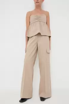 Notes du Nord pantaloni Inessa femei, culoarea bej, drept, high waist imagine