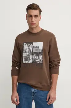 Pepe Jeans hanorac de bumbac AWEST CREW barbati, culoarea maro, cu imprimeu, PM582730 imagine