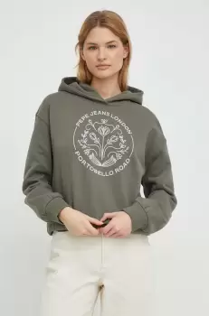 Pepe Jeans hanorac de bumbac HARIA femei, culoarea verde, cu gluga, cu imprimeu imagine