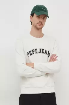 Pepe Jeans hanorac de bumbac Raven barbati, culoarea bej, cu imprimeu imagine