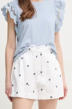 Pepe Jeans pantaloni scurti din bumbac EDNA femei, culoarea alb, cu imprimeu, high waist, PL801159 imagine