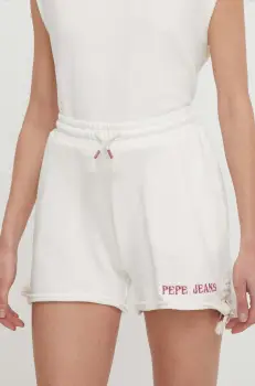 Pepe Jeans pantaloni scurti din bumbac Kendall culoarea bej, cu imprimeu, high waist imagine