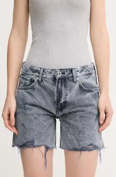 Pepe Jeans pantaloni scurti din bumbac REGULAR SHORT MW DISTRESSED femei, culoarea bleumarin, melanj, medium waist, PL801186UN4 imagine