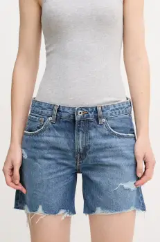 Pepe Jeans pantaloni scurti din bumbac REGULAR SHORT MW DISTRESSED femei, uni, medium waist, PL801186EE6 imagine