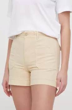Pepe Jeans pantaloni scurti femei, culoarea bej, neted, high waist imagine