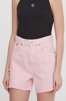 Pepe Jeans pantaloni scurti jeans femei, culoarea roz, neted, high waist imagine