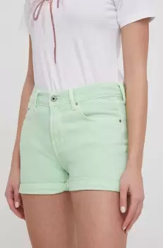 Pepe Jeans pantaloni scurti jeans femei, culoarea verde, neted, high waist imagine