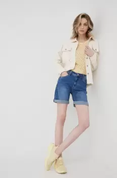 Pepe Jeans pantaloni scurti jeans Poppy femei, culoarea albastru marin, neted, medium waist imagine