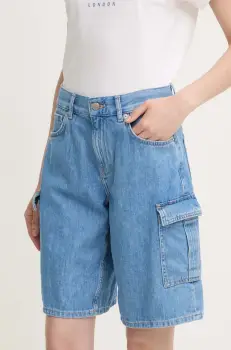 Pepe Jeans pantaloni scurti jeans RELAXED SHORT HW WORKER femei, culoarea maro, neted, high waist, PL801136 imagine