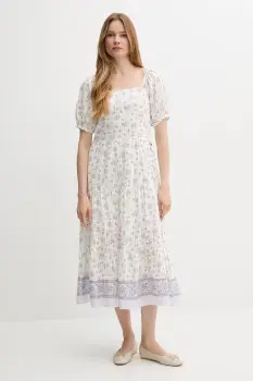 Pepe Jeans rochie din bumbac culoarea alb, midi, evazati, PL953759 imagine