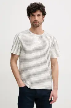 Pepe Jeans tricou din amestec de in WEST STRIPED PURNEY TEE barbati, culoarea bej, cu imprimeu, PM509761 imagine
