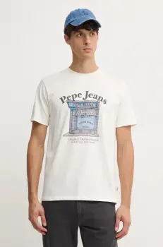Pepe Jeans tricou din bumbac AGGO barbati, culoarea bej, cu imprimeu, PM509638 imagine