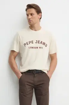 Pepe Jeans tricou din bumbac ALDRIDGE barbati, culoarea bej, cu imprimeu, PM509628 imagine