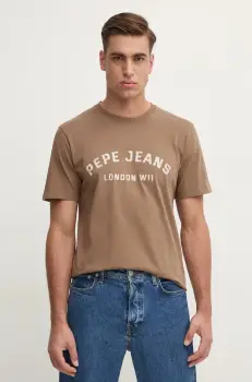 Pepe Jeans tricou din bumbac ALDRIDGE barbati, culoarea maro, cu imprimeu, PM509628 imagine