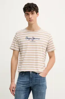Pepe Jeans tricou din bumbac barbati, culoarea bej, modelator imagine