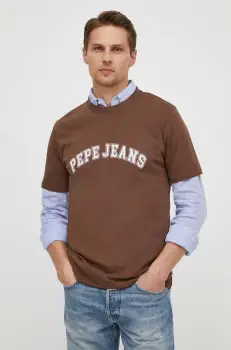 Pepe Jeans tricou din bumbac barbati, culoarea maro, cu imprimeu imagine
