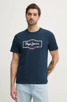 Pepe Jeans tricou din bumbac DAXTON TEE barbati, culoarea albastru marin, cu imprimeu, PM509786 imagine
