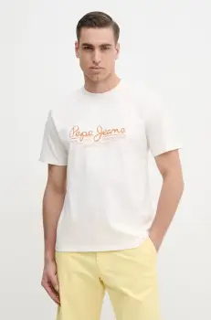Pepe Jeans tricou din bumbac DUMAS TEE barbati, culoarea bej, cu imprimeu, PM509769 imagine