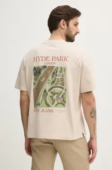 Pepe Jeans tricou din bumbac DUSTER TEE barbati, culoarea bej, cu imprimeu, PM509773 imagine