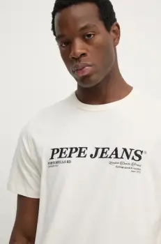 Pepe Jeans tricou din bumbac DYLAN TEE barbati, culoarea bej, cu imprimeu, PM509728 imagine