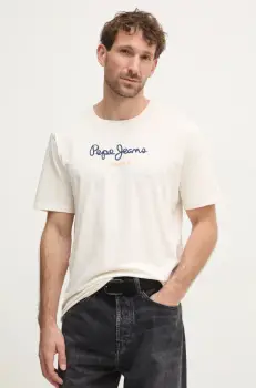 Pepe Jeans tricou din bumbac Eggo barbati, culoarea bej, cu imprimeu, PM508208 imagine