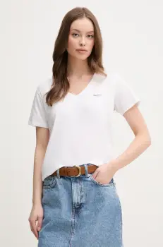 Pepe Jeans tricou din bumbac MACY V-NECK femei, culoarea alb, PL506051 imagine