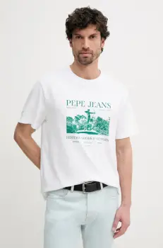 Pepe Jeans tricou din bumbac PATCH barbati, culoarea alb, cu imprimeu, PM509779 imagine
