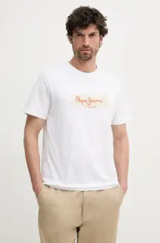 Pepe Jeans tricou din bumbac PICTHON barbati, culoarea alb, cu imprimeu, PM509782 imagine