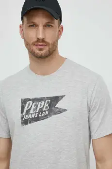 Pepe Jeans tricou din bumbac SINGLE CARDIFF barbati, culoarea gri, cu imprimeu, PM509401 imagine